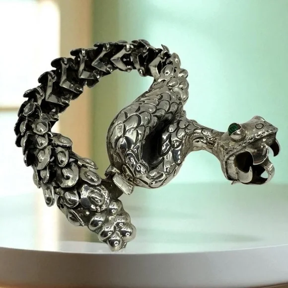 Nacho Gomez Taxco 950 Sterling Silver Rattlesnake Bracelet Malachite Eyes NWOT - Picture 6 of 17